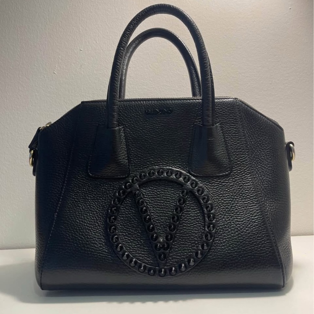 VALENTINO Black Leather Satchel Elegant Travel Bag w detachable crossbody strap